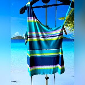 TORI RICHARD blue/green striped one shoulder tank/ swim top w built in bra